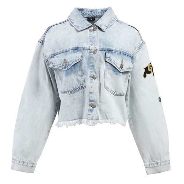 A light blue Hype and Vice jean jacket with C.U buffalo logo on left sleeve, snap up front, and two chest pockets.
